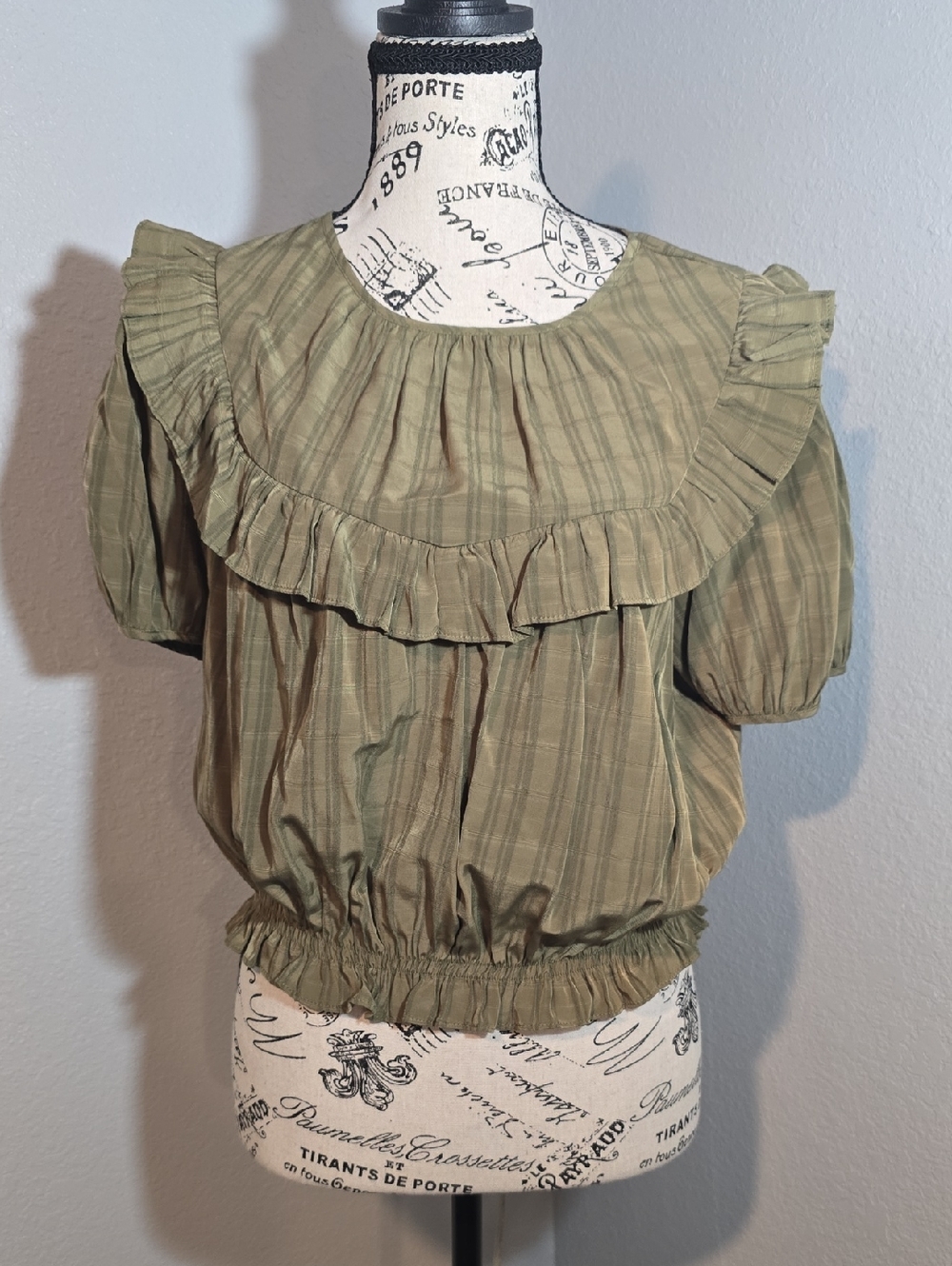 Cinq A Sept - Olive Green Ruffle Yoke Puff Sleeve Top